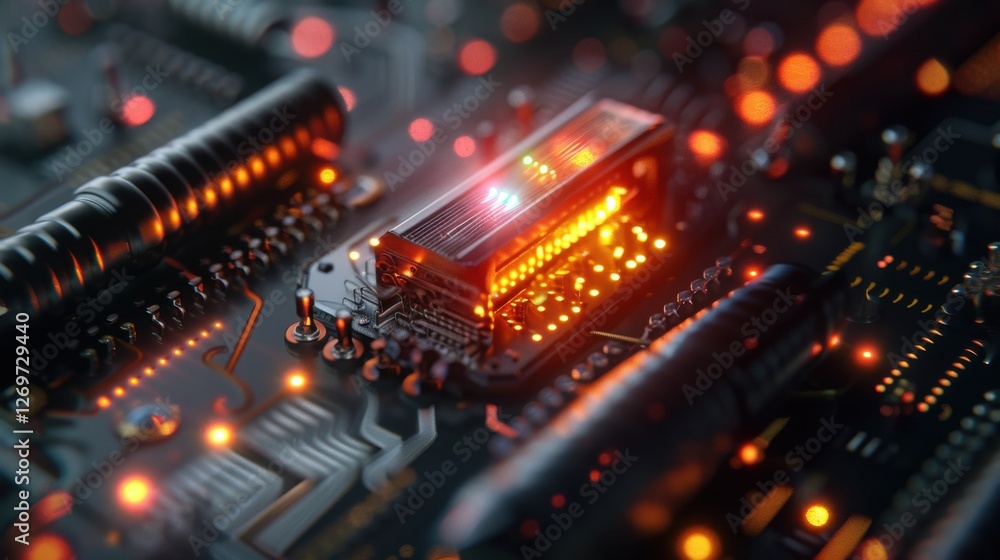 Poster high-tech circuit board with illuminated components and vibrant lights in close-up view