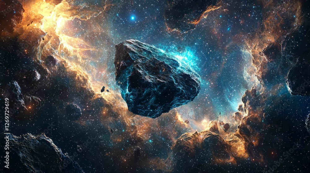 Poster surreal cosmic scene with suspended meteorite in deep space