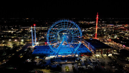 Icon Park At Orlando In Florida United States. Illuminated Park. Universal Orlando Scene. Night City Scenery. Florida United States. Icon Park At Orlando In Florida United States.  © bydronevideos