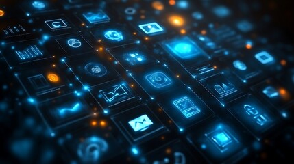Futuristic Interface Displaying Complex Data and Application Icons