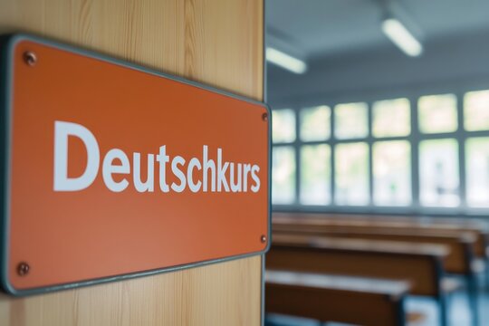 The image features a 'Deutschkurse' sign in an empty classroom, highlighting the significance of language education in personal and professional development.