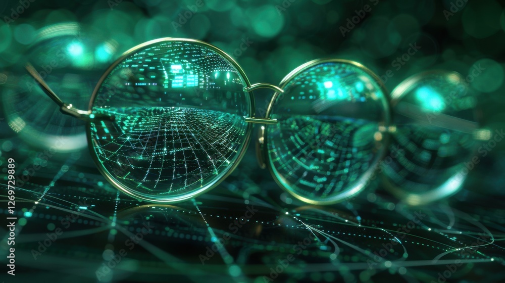 Aufkleber futuristic glasses reflecting digital data against a green background with 3d grids and technology e