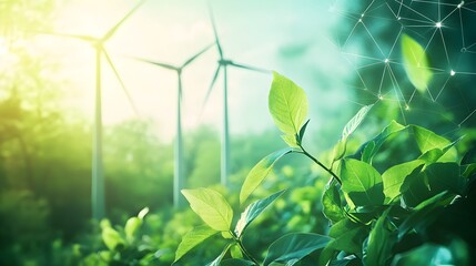 Majestic Wind Turbines and Lush Greenery: A Vision of Renewable Energy and Sustainability incorporate with Technology. 