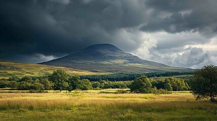 Fototapeta premium Towering Mountain Ridge Under Stormy Sky with Expansive Landscape