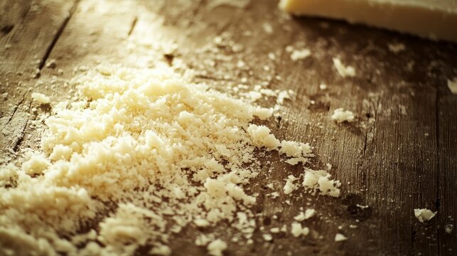 grated Parmesan cheese spread over a wooden table under soft light