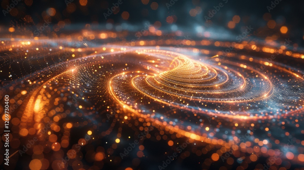 Poster abstract swirls of glowing particles representing advanced science themes and cosmic phenomena in vi
