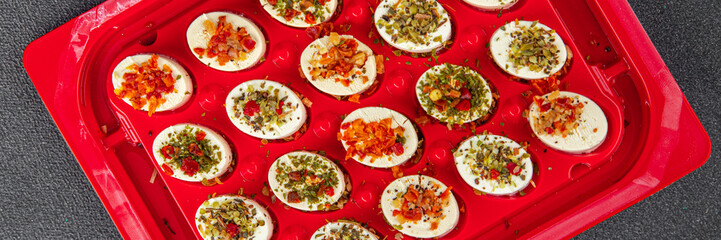 cheese appetizer soft cheese with herbs and tomatoes pieces fresh tasty food dish delicious gourmet food background on the table rustic food top view copy space