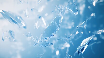 Shattered Glass Fragments Floating In Blue