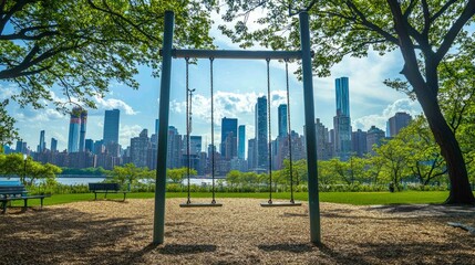 Fototapeta premium Traditional Playground Swing Set in Urban Park with City Skyline