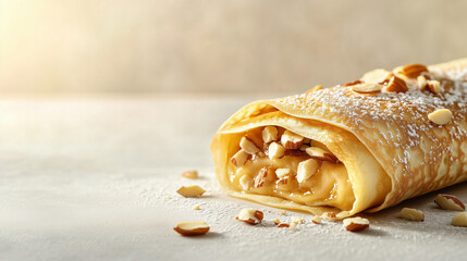 Rolled crepe filled with vanilla custard and topped with caramelized sugar and sprinkled almonds.