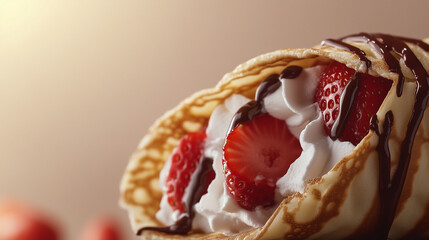 Crepe folded in half filled with fresh strawberries, whipped cream and topped with chocolate sauce.