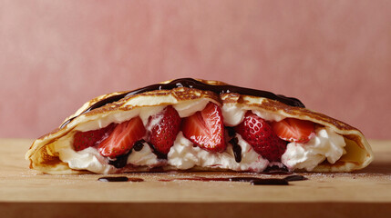 Crepe folded in half filled with fresh strawberries, whipped cream and topped with chocolate sauce.