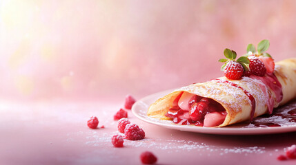 Crepes filled chocolate mousse and topped with fresh strawberries and drizzled with raspberry sauce.
