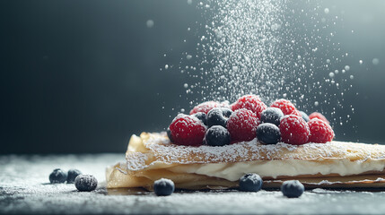 Crepes filled mascarpone cheese and topped with raspberries and blueberries, dusted powdered sugar.