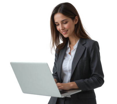 businesswoman with a laptop standing at copy space on a transparent PNG background.