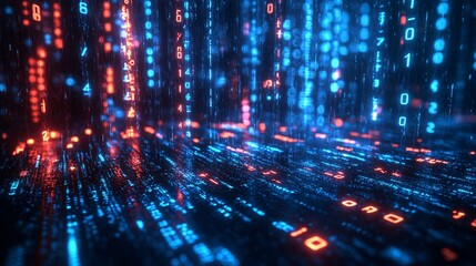 Obraz premium A vibrant digital landscape showcasing streams of glowing binary code in blue and red, symbolizing data flow and technology.