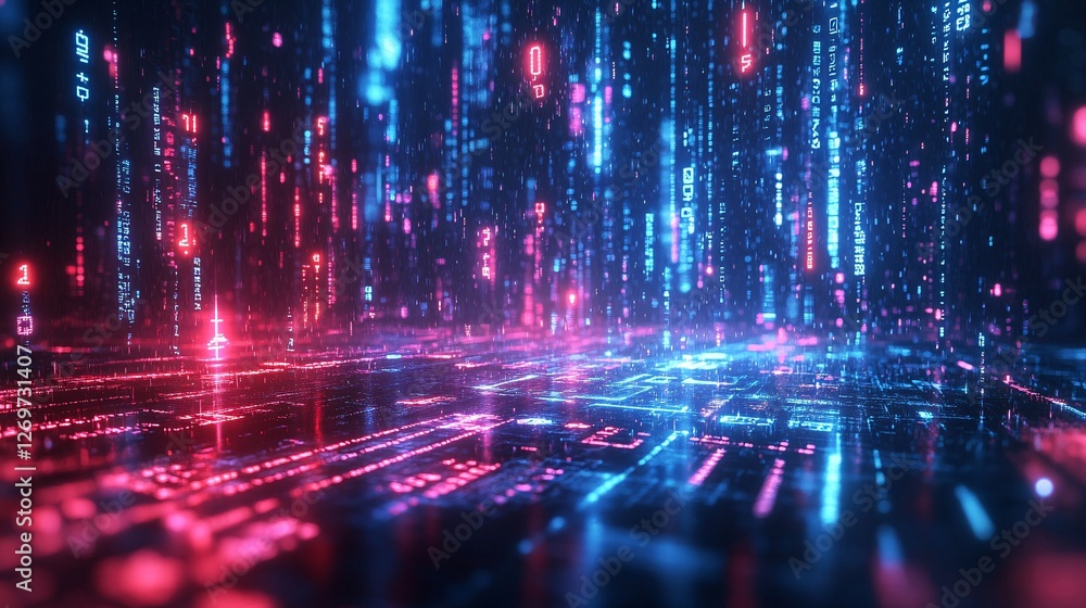 Poster a vibrant digital landscape with cascading data streams in blue and red, evoking themes of technolog