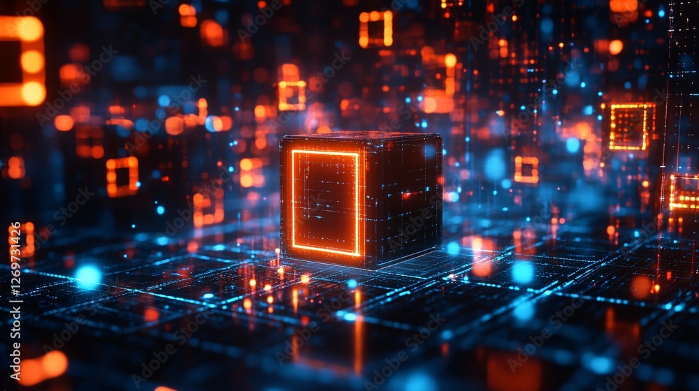 Poster a vibrant abstract representation of digital technology, featuring glowing cubes on a grid, symboliz