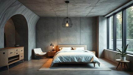 Modern bedroom with sleek cement walls and minimalist furniture, featuring a cozy bed with crisp white linens and a stylish pendant light hanging above, cozy, cement, interior