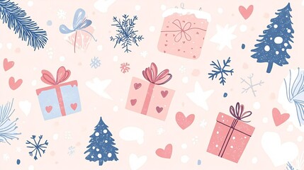 Christmas presents and snowflakes pattern on pink background