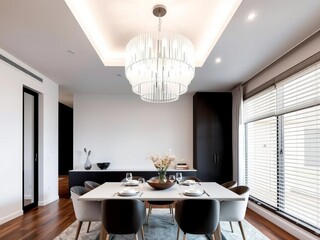 Modern dining room in a stylish house featuring a sleek table, contemporary chairs, elegant chandelier, and minimalist decor, sleek, chandelier, dining room