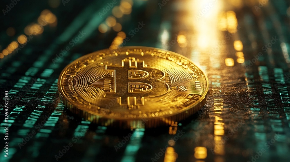 Poster a close-up of a bitcoin on a digital background, highlighting its golden color and intricate design 