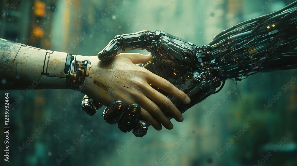 Poster a human hand reaches out to grasp a robotic hand, symbolizing the connection between humanity and te