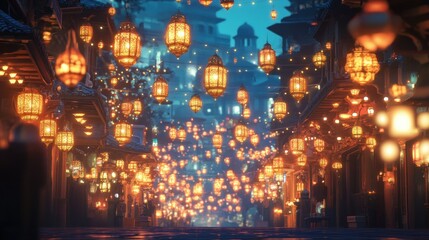 Enchanted Night Market: A Digital Painting of a Mystical City Street Adorned with Hundreds of Glowing Lanterns, Creating a Dreamlike and Magical Atmosphere.