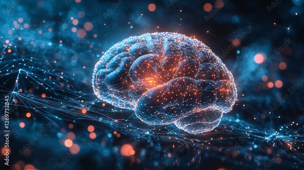 Aufkleber a glowing, digital representation of a brain surrounded by vibrant particles and connections, symbol