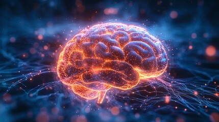 Obraz premium A glowing, digital representation of a brain, surrounded by interconnected neural pathways, showcasing the fusion of technology and neuroscience.