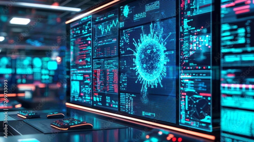 Poster futuristic virus protection system with data visualization display