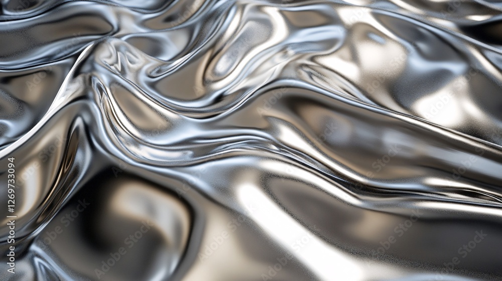 Poster a close-up of flowing, reflective metallic fabric, showcasing smooth curves and shimmering surfaces 