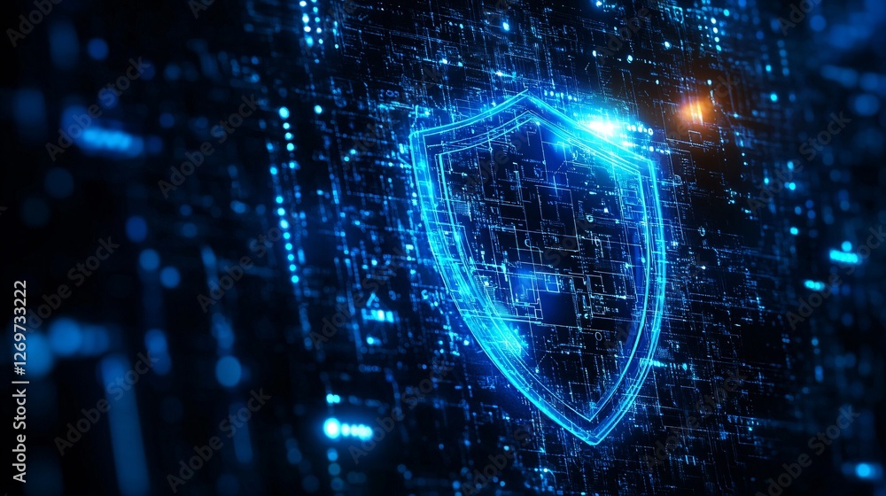 Poster a glowing blue shield symbolizing cybersecurity is set against a backdrop of digital data, represent