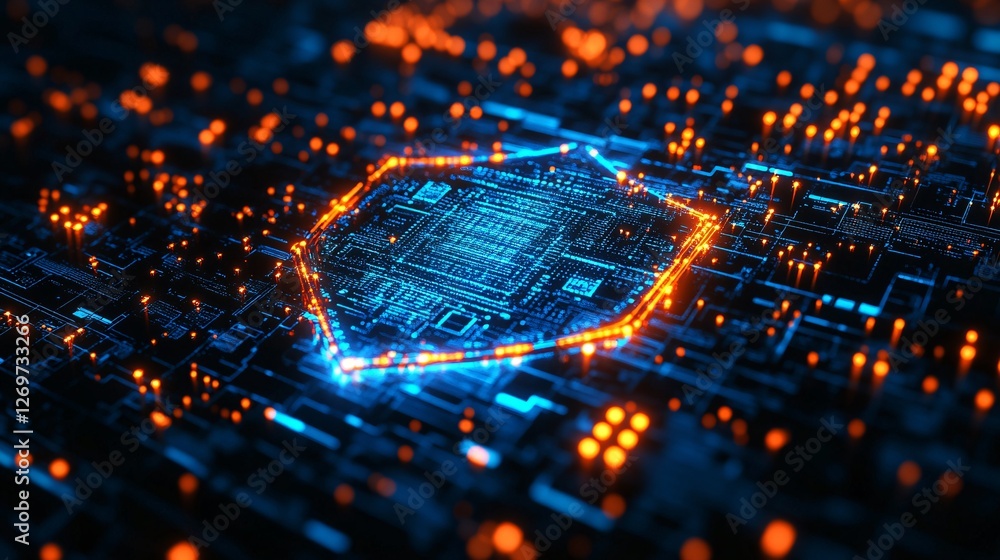 Aufkleber a digital circuit board with a glowing shield shape at the center, symbolizing cybersecurity and dat
