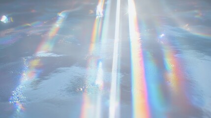Light lens flare overlay. Photo of sun ray diffraction with scratch, dust and  leaks. Holographic effect background.