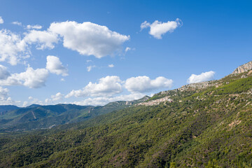 The countryside around the town of Baunei in Europe, Italy, Sardinia, Baunei, in summer, on a sunny day.