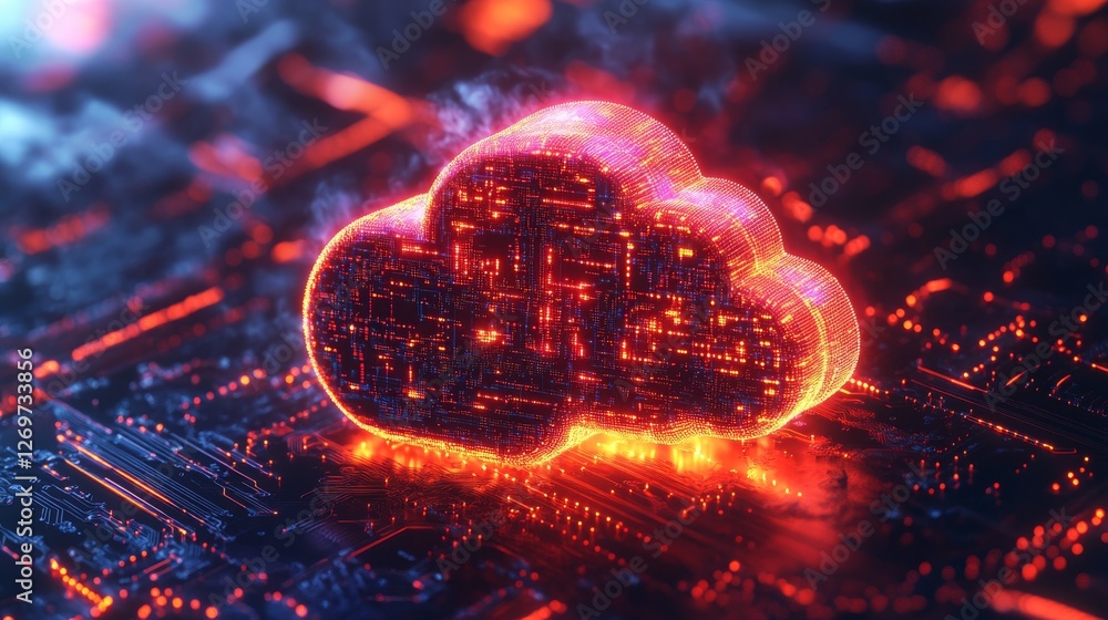 Poster an abstract cloud computing icon in two tones, representing network connectivity, data flow, and dig