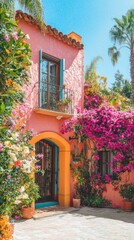 Fototapeta premium Vibrant Mediterranean Estate with Colorful Facade and Flowers