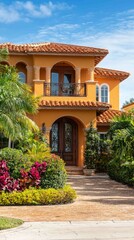 Vibrant Mediterranean Style Home with Warm Colors and Lush Landscape