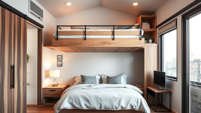Modern studio apartment with clever space-saving solutions, including a loft bed, sliding doors, and built-in storage, loft bed, small living spaces, solutions