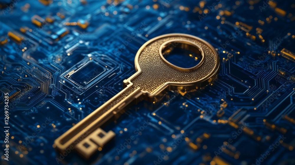 Poster a radiant key emblem in a quantum network, depicting quantum secure communication and the evolution 