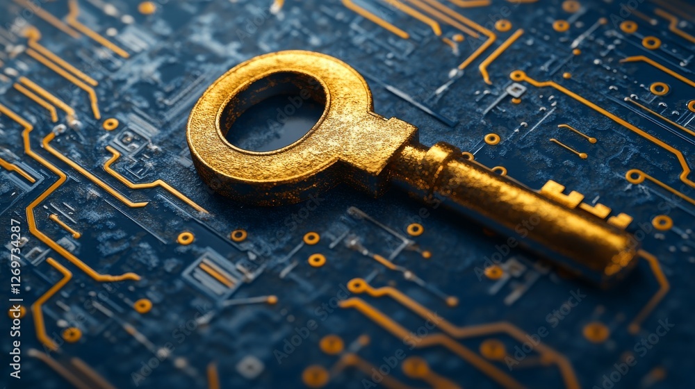Poster an illuminated key symbol within a quantum network, representing the idea of quantum secure communic