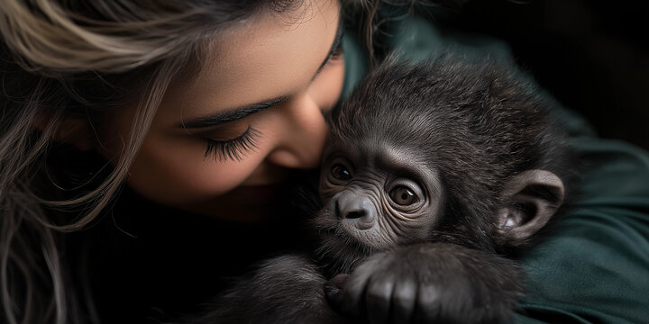 Affectionate woman cuddling baby monkey against dark background