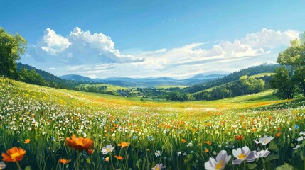 Fototapeta premium Vibrant Rural Landscape with Blooming Wildflowers and Sunny Sky
