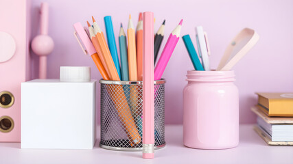 Composition with stationery on pink background. Back to school concept