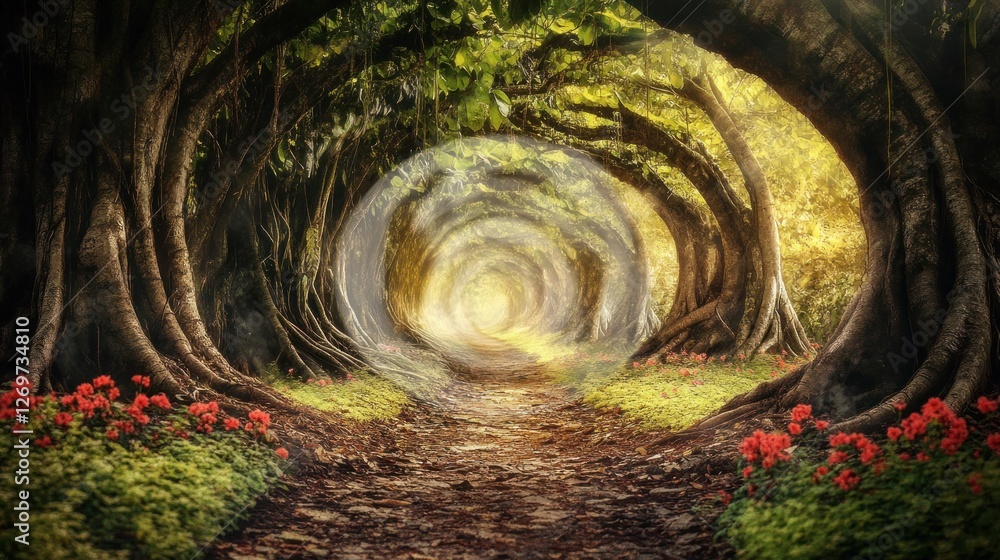 Poster forest path arches over the viewer in an idyllic tunnel