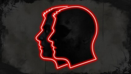 Two human, A striking profile in red neon against a dark void, featuring grunge textures and high fidelity.