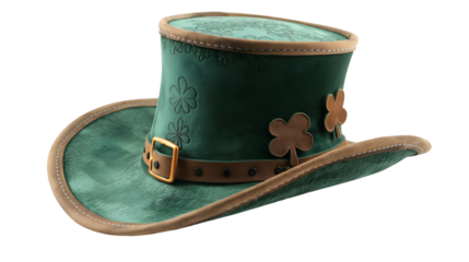 Green Leather Hat St. Patrick�s Day Design, Retro Irish Clover Style for Spring, isolated on transparent background.