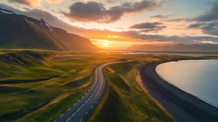 Naklejka premium Aerial view of scenic coastal road at sunset, mountains and ocean.
