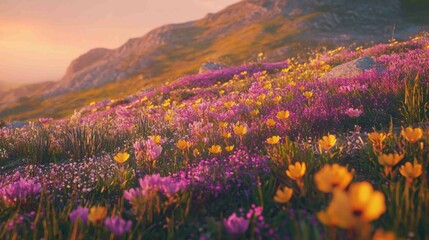 Obraz premium Vibrant Spring Ridge Bursting with Wildflowers at Sunset